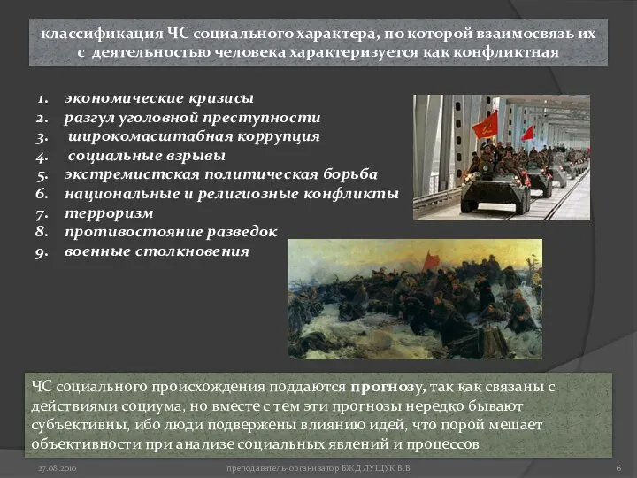 27.08.2010 преподаватель-организатор БЖД ЛУЩУК В.В классификация ЧС социального характера, по