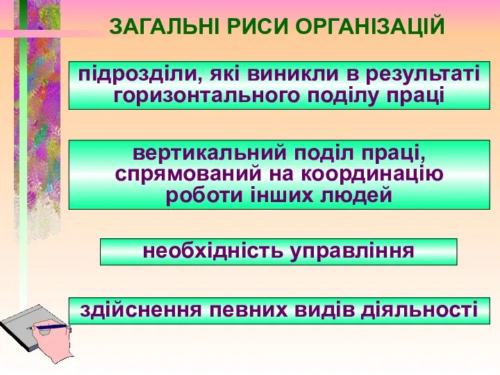 ЗАГАЛЬНІ РИСИ ОРГАНІЗАЦІЙ вертикальний поділ праці, спрямований на координацію роботи