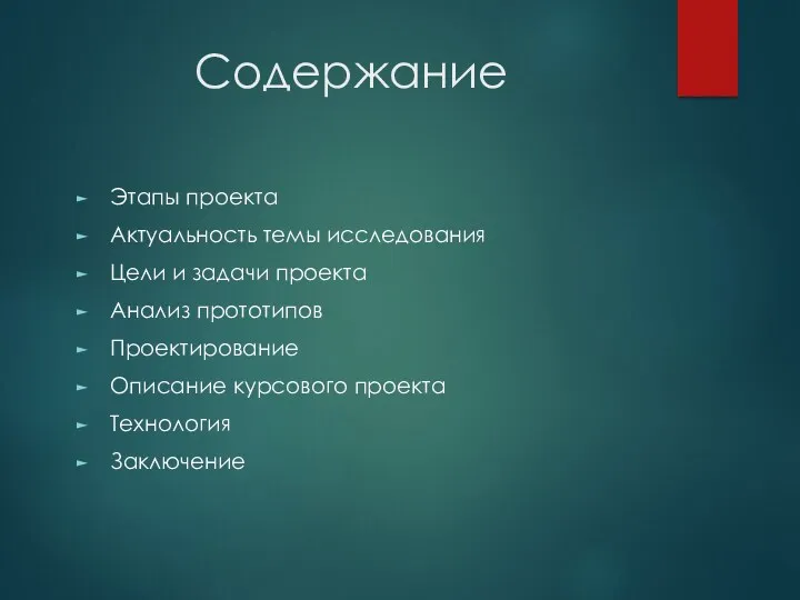 Содержание Этапы проекта Актуальность темы исследования Цели и задачи проекта