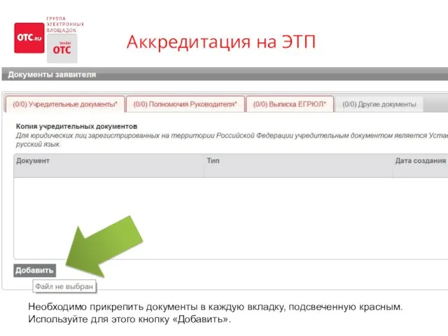 Аккредитация на ЭТП Необходимо прикрепить документы в каждую вкладку, подсвеченную красным. Используйте для этого кнопку «Добавить».