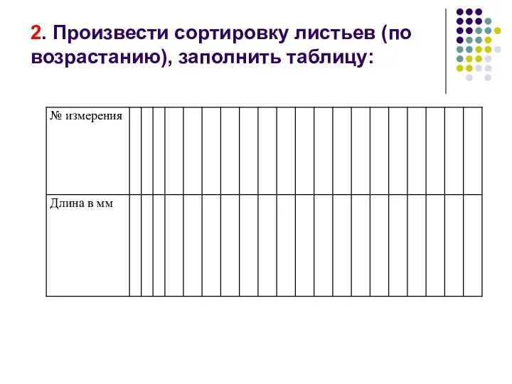 2. Произвести сортировку листьев (по возрастанию), заполнить таблицу: