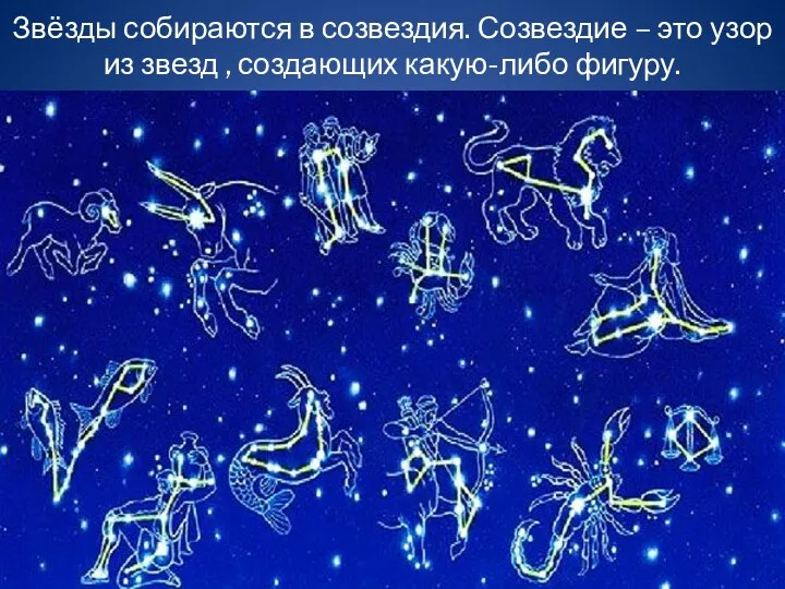 Звёзды собираются в созвездия. Созвездие – это узор из звезд , создающих какую-либо фигуру.