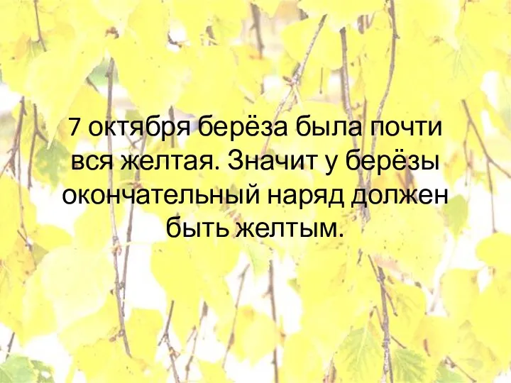 7 октября берёза была почти вся желтая. Значит у берёзы окончательный наряд должен быть желтым.