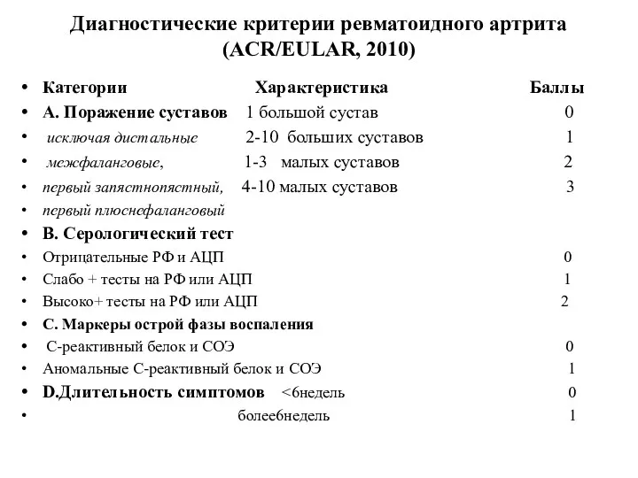 Диагностические критерии ревматоидного артрита (ACR/EULAR, 2010) Категории Характеристика Баллы А.