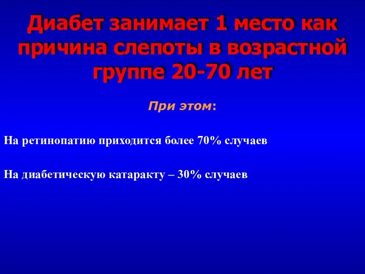 Диабет занимает 1 место как причина слепоты в возрастной группе