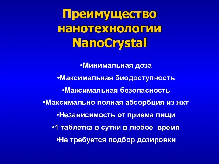 Преимущество нанотехнологии NanoCrystal Минимальная доза Максимальная биодоступность Максимальная безопасность Максимально