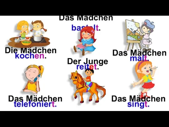 Das Mädchen malt. Der Junge reitet. Das Mädchen bastelt. Die