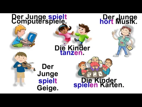 Der Junge spielt Computerspiele. Die Kinder tanzen. Der Junge hört