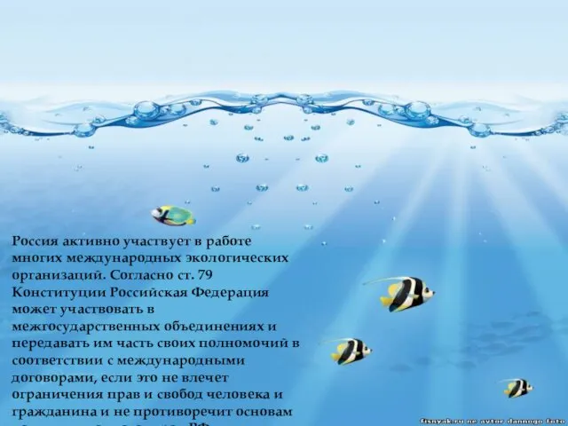 Россия активно участвует в работе многих международных экологических организаций. Согласно ст. 79 Конституции