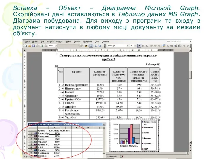 Вставка – Oбъект – Диаграмма Microsoft Graph. Скопійовані дані вставляються