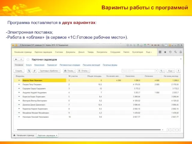 Программа поставляется в двух вариантах: Электронная поставка; Работа в «облаке» (в сервисе «1С:Готовое