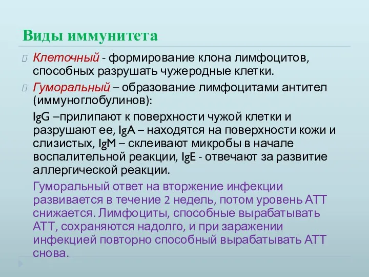 Виды иммунитета Клеточный - формирование клона лимфоцитов, способных разрушать чужеродные