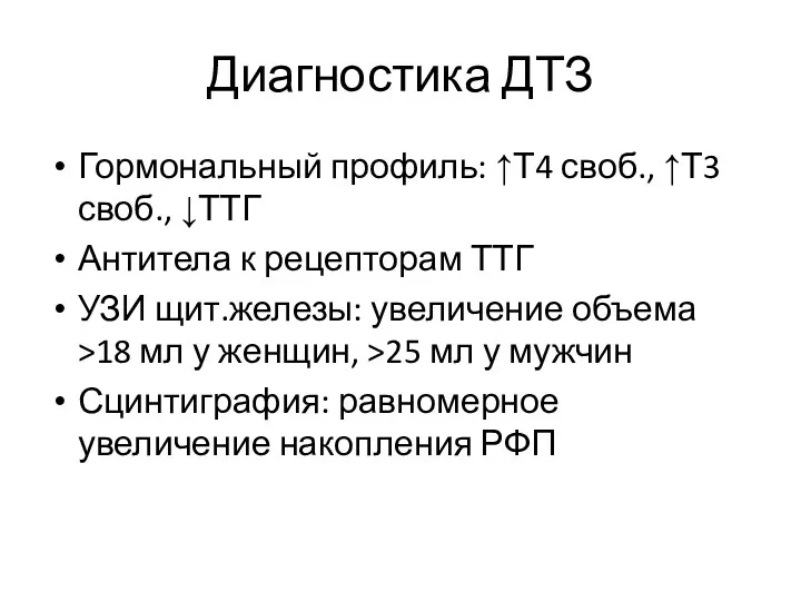 Диагностика ДТЗ Гормональный профиль: ↑Т4 своб., ↑Т3 своб., ↓ТТГ Антитела