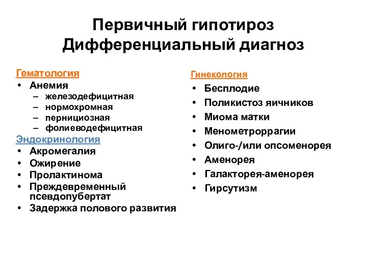 Первичный гипотироз Дифференциальный диагноз Гематология Анемия железодефицитная нормохромная пернициозная фолиеводефицитная