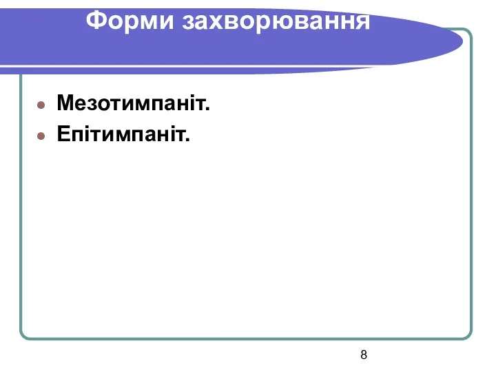 Форми захворювання Мезотимпаніт. Епітимпаніт.