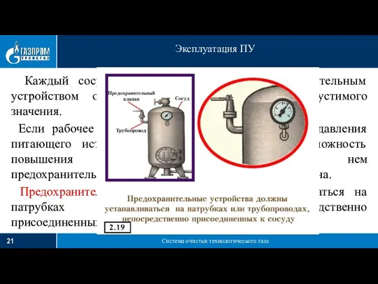 Система очистки технологического газа Эксплуатация ПУ Каждый сосуд должен быть