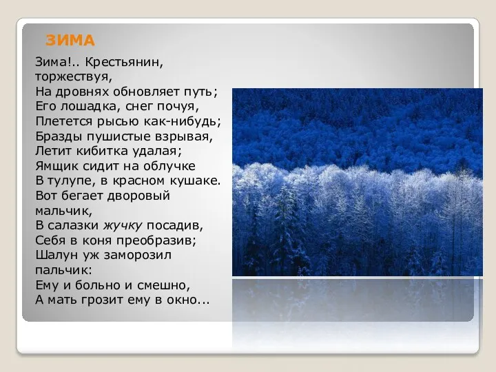 ЗИМА Зима!.. Крестьянин, торжествуя, На дровнях обновляет путь; Его лошадка,