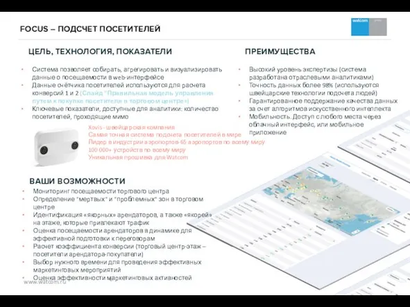 FOCUS – ПОДСЧЕТ ПОСЕТИТЕЛЕЙ ЦЕЛЬ, ТЕХНОЛОГИЯ, ПОКАЗАТЕЛИ Система позволяет собирать,