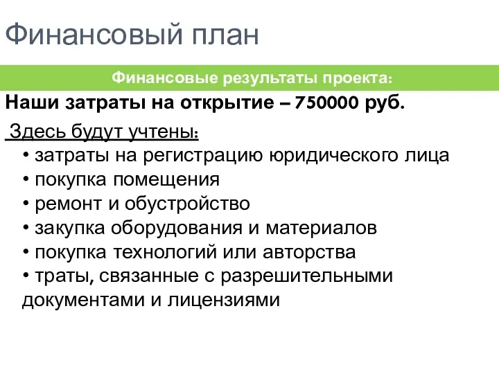 Финансовый план Наши затраты на открытие – 750000 руб. Здесь