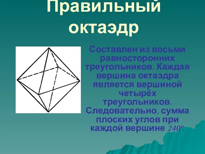 Составлен из восьми равносторонних треугольников. Каждая вершина октаэдра является вершиной