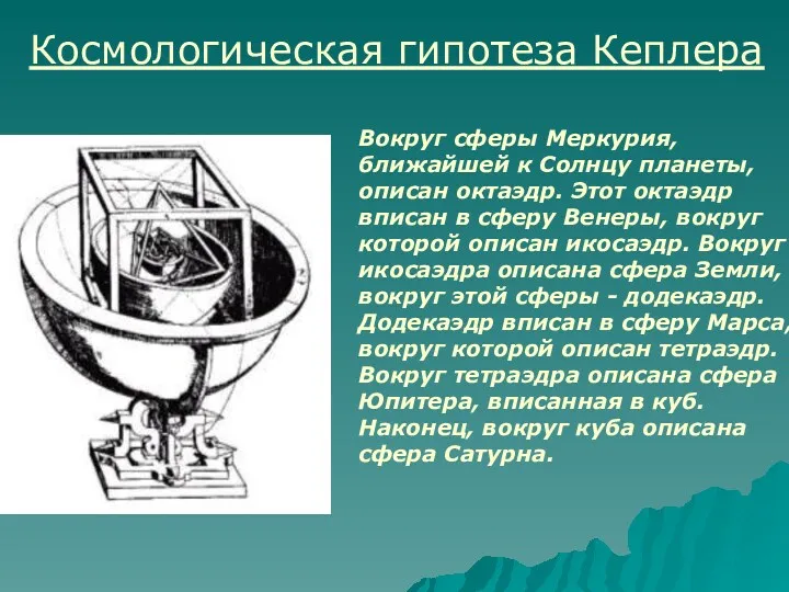 Космологическая гипотеза Кеплера Вокруг сферы Меркурия, ближайшей к Солнцу планеты,