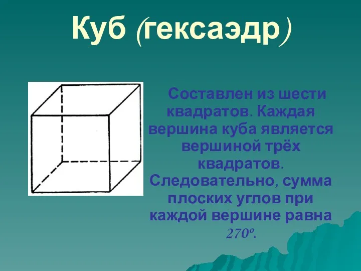 Составлен из шести квадратов. Каждая вершина куба является вершиной трёх