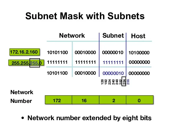 Network number extended by eight bits Subnet Mask with Subnets 16 Network Host