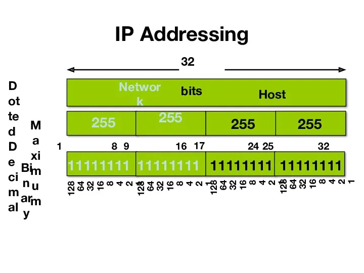 IP Addressing 255 255 255 255 Dotted Decimal Maximum Network Host 128 64