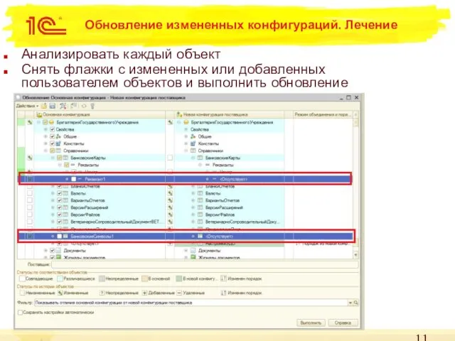 Обновление измененных конфигураций. Лечение Анализировать каждый объект Снять флажки с