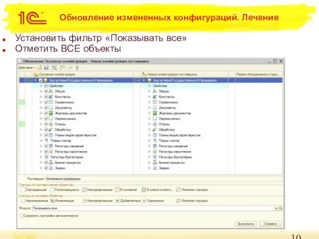 Обновление измененных конфигураций. Лечение Установить фильтр «Показывать все» Отметить ВСЕ объекты