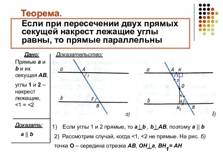 Теорема. Если при пересечении двух прямых секущей накрест лежащие углы