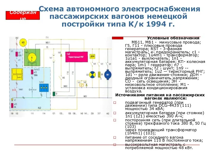 Схема автономного электроснабжения пассажирских вагонов немецкой постройки типа К/к 1994