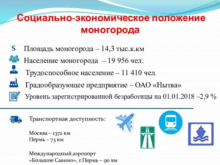 Социально-экономическое положение моногорода S Транспортная доступность: Москва – 1372 км