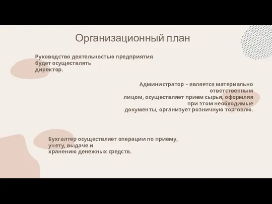 Организационный план Руководство деятельностью предприятия будет осуществлять директор. Администратор –