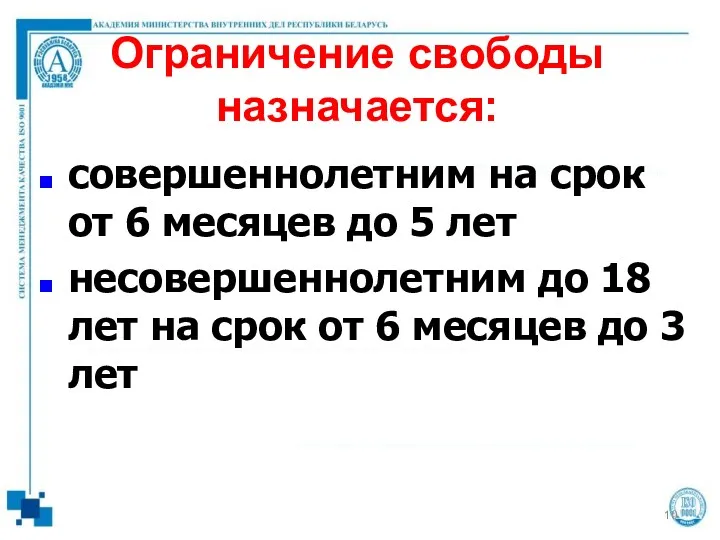 Ограничение свободы назначается: совершеннолетним на срок от 6 месяцев до