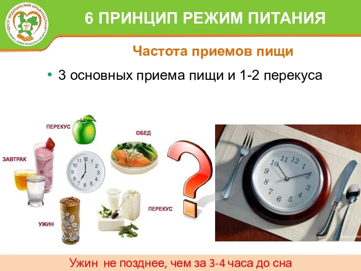 3 основных приема пищи и 1-2 перекуса Частота приемов пищи