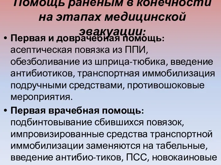 Помощь раненым в конечности на этапах медицинской эвакуации: Первая и