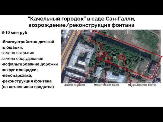 “Качельный городок” в саде Сан-Галли, возрождение/реконструкция фонтана 8-10 млн руб