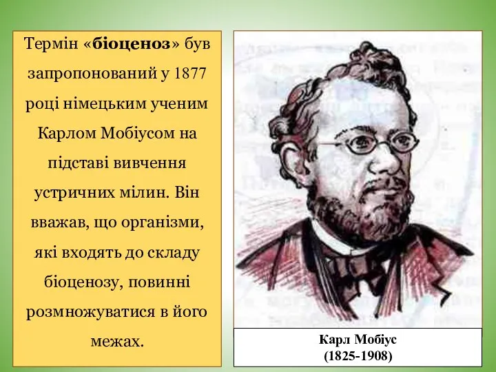 Термін «біоценоз» був запропонований у 1877 році німецьким ученим Карлом