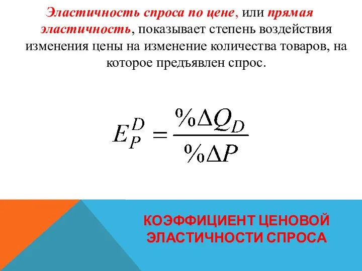 КОЭФФИЦИЕНТ ЦЕНОВОЙ ЭЛАСТИЧНОСТИ СПРОСА Эластичность спроса по цене, или прямая