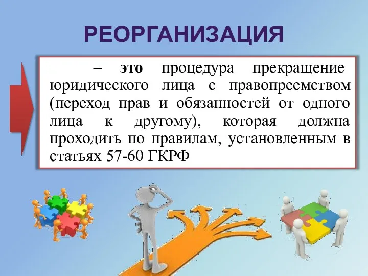 РЕОРГАНИЗАЦИЯ – это процедура прекращение юридического лица с правопреемством (переход