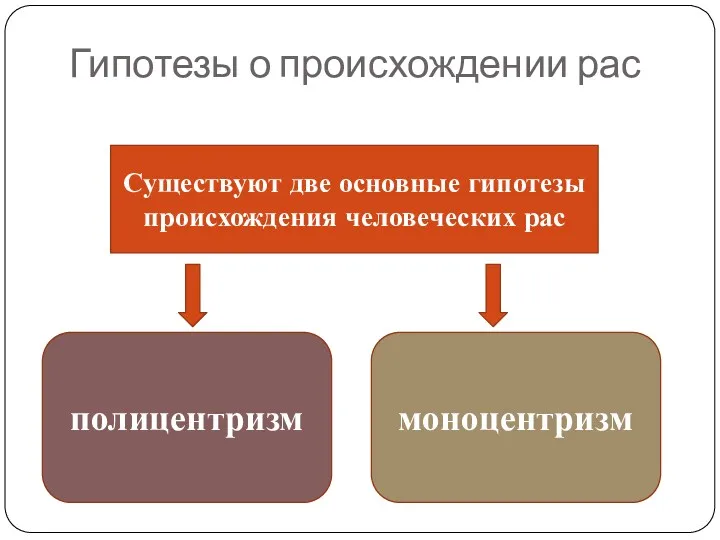 Гипотезы о происхождении рас полицентризм моноцентризм Существуют две основные гипотезы происхождения человеческих рас