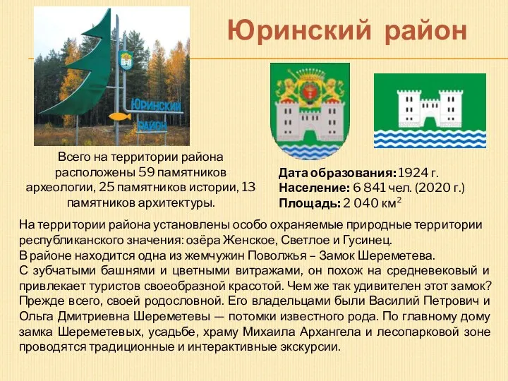 Юринский район Дата образования: 1924 г. Население: 6 841 чел. (2020 г.) Площадь: