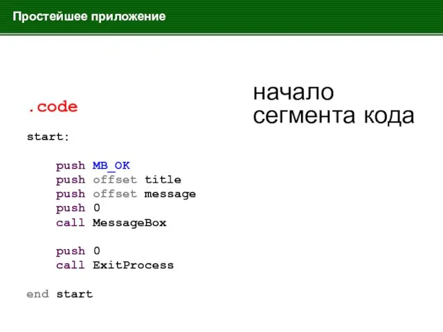 Простейшее приложение .code start: push MB_OK push offset title push