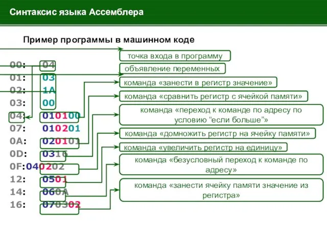 Синтаксис языка Ассемблера Пример программы в машинном коде 00: 04