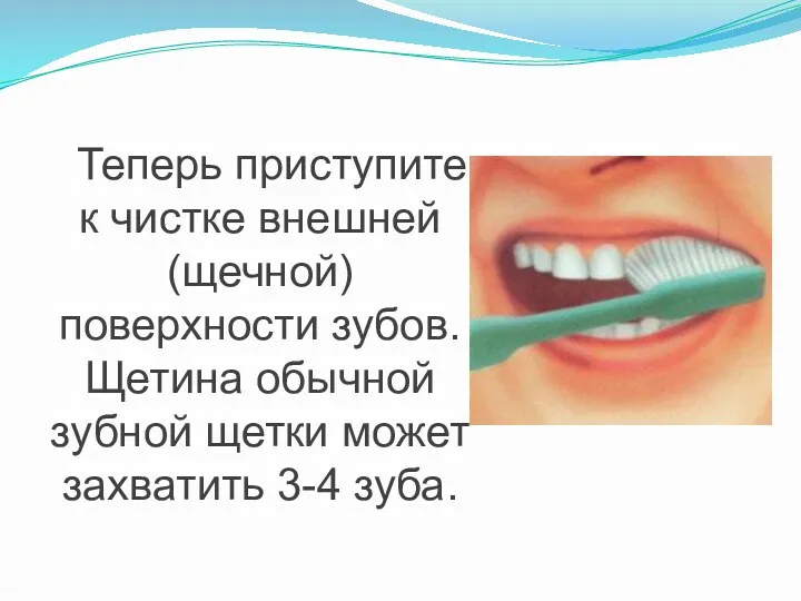 Теперь приступите к чистке внешней (щечной) поверхности зубов. Щетина обычной зубной щетки может захватить 3-4 зуба.