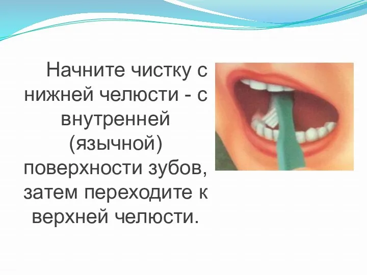Начните чистку с нижней челюсти - с внутренней (язычной) поверхности зубов, затем переходите к верхней челюсти.