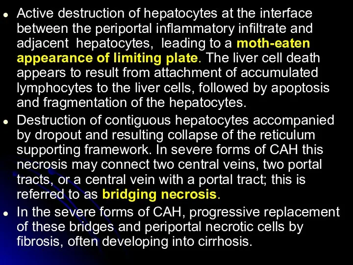 Active destruction of hepatocytes at the interface between the periportal inflammatory infiltrate and