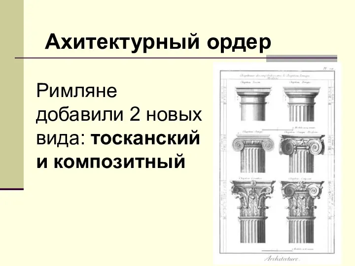 Ахитектурный ордер Римляне добавили 2 новых вида: тосканский и композитный