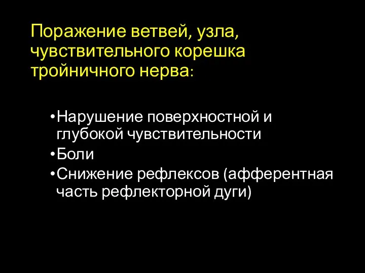 Поражение ветвей, узла, чувствительного корешка тройничного нерва: Нарушение поверхностной и глубокой чувствительности Боли